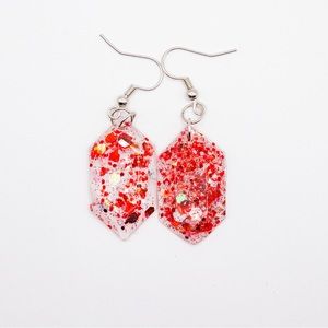 Geometrical Red and White Glitter 1” Resin Earrings with silver Hardware
